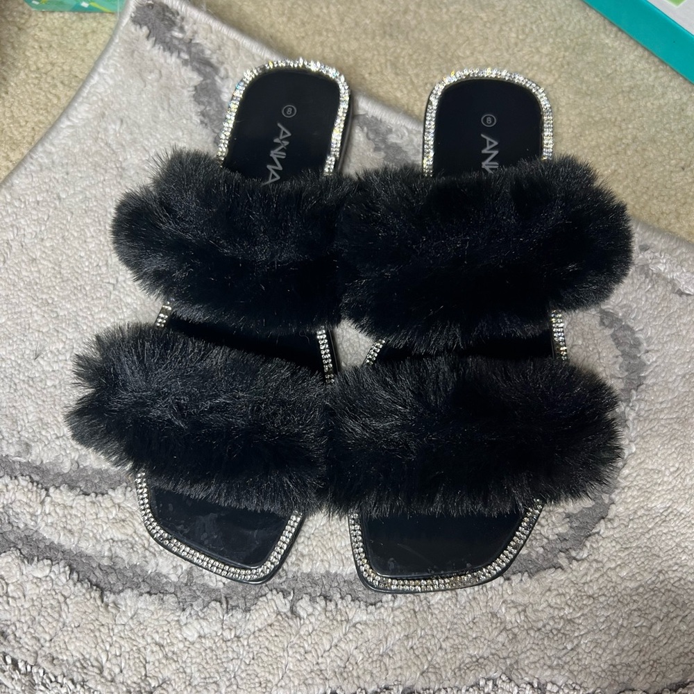 Anna Black Furry Slippers with Rhinestone Trim